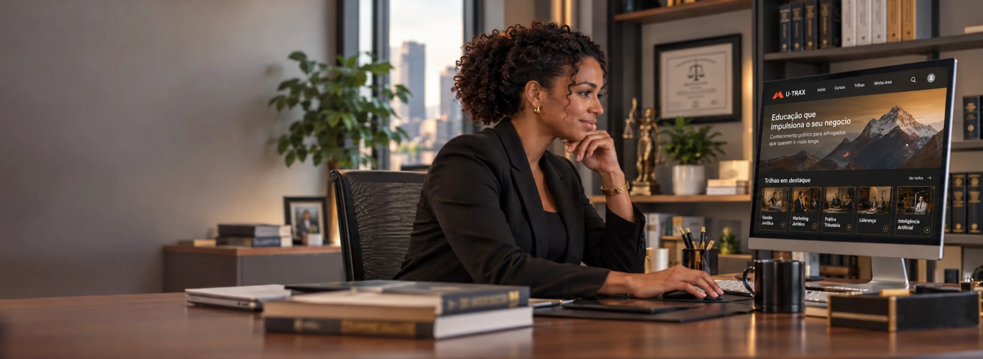 Advogada no escritório acompanhando a plataforma U·TRAX no computador